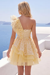 Dressystars Butter Yellow Lace Floral Ruffled One Shoulder A Line Short Homecoming Dress