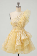 Dressystars Butter Yellow Lace Floral Ruffled One Shoulder A Line Short Homecoming Dress