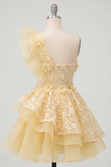 Dressystars Butter Yellow Lace Floral Ruffled One Shoulder A Line Short Homecoming Dress