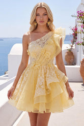 Dressystars Butter Yellow Lace Floral Ruffled One Shoulder A Line Short Homecoming Dress