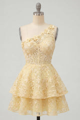 Dressystars Butter Yellow Short Lace Floral One Shoulder Ruffled A Line Corset Homecoming Dress