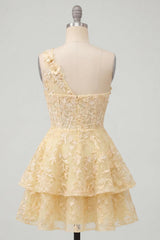 Dressystars Butter Yellow Short Lace Floral One Shoulder Ruffled A Line Corset Homecoming Dress