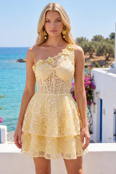Dressystars Butter Yellow Short Lace Floral One Shoulder Ruffled A Line Corset Homecoming Dress