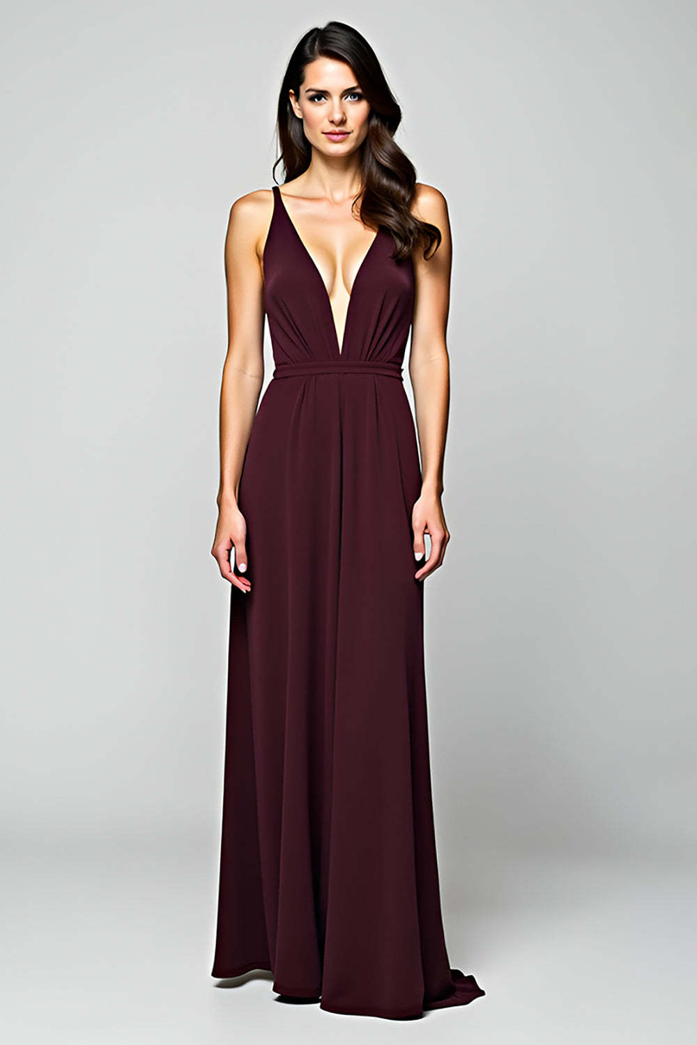 Dressystars Cabernet Satin Backless Deep V-Neck Long Formal Dress