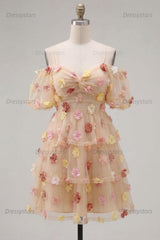 Dressystars Champagne Floral Puff Sleeves A-Line Short Homecoming Dress