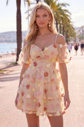 Dressystars Champagne Floral Puff Sleeves A-Line Short Homecoming Dress