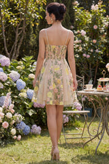 Dressystars Champagne Floral Spaghetti Straps A-Line Corset Short Homecoming Dress