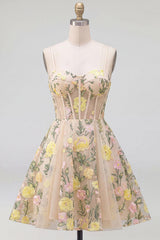 Dressystars Champagne Floral Spaghetti Straps A-Line Corset Short Homecoming Dress