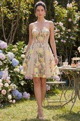 Dressystars Champagne Floral Spaghetti Straps A-Line Corset Short Homecoming Dress