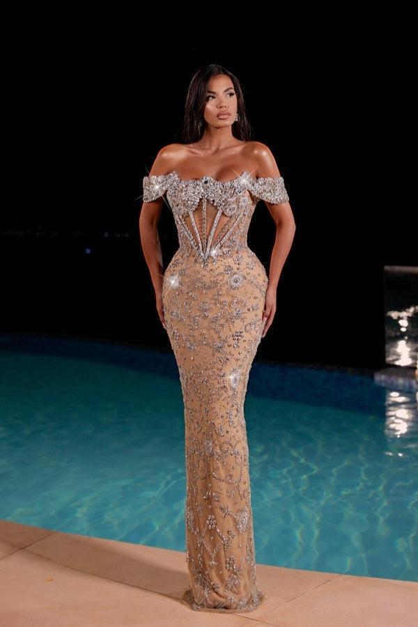 Dressystars Champagne Formal Dress Off the Shoulder Tulle Corset Prom Dress with Rhinestones