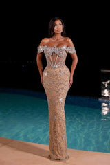 Dressystars Champagne Formal Dress Off the Shoulder Tulle Corset Prom Dress with Rhinestones