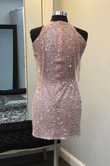 Dressystars Champagne Homecoming Dress Sequin Round Neck Tight Short Prom Dress with Fringes