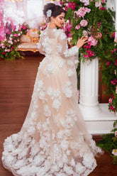 Dressystars Champagne Wedding Dress A Line Square Beaded Illusion Sleeves Sequined Tulle Bridal Gown With 3D Flowers