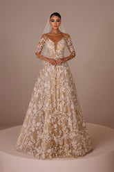 Dressystars Champagne Wedding Dress A Line V Neck Illusion Sleeves Floor Length Tulle Bridal Gown With Appliques