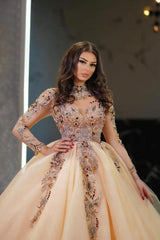 Dressystars Champagne Wedding Dress Sleeves High Neck Beaded Ball Gown Tulle Bridal Gown With Rhinestone