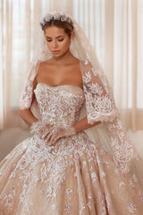 Dressystars Champagne Wedding Dress Strapless Sleeveless Beaded Ball Gown Bridal Gown With Appliques And Rhinestones