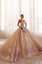Dressystars Champagne Wedding Dress Strapless Sleeveless Beaded Ball Gown Bridal Gown With Appliques And Rhinestones