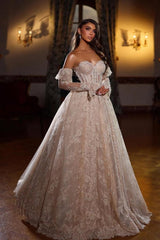 Dressystars Champagne Wedding Dress Sweetheart Sleeveless Beaded Lace Princess Ball Gown Bridal Gown
