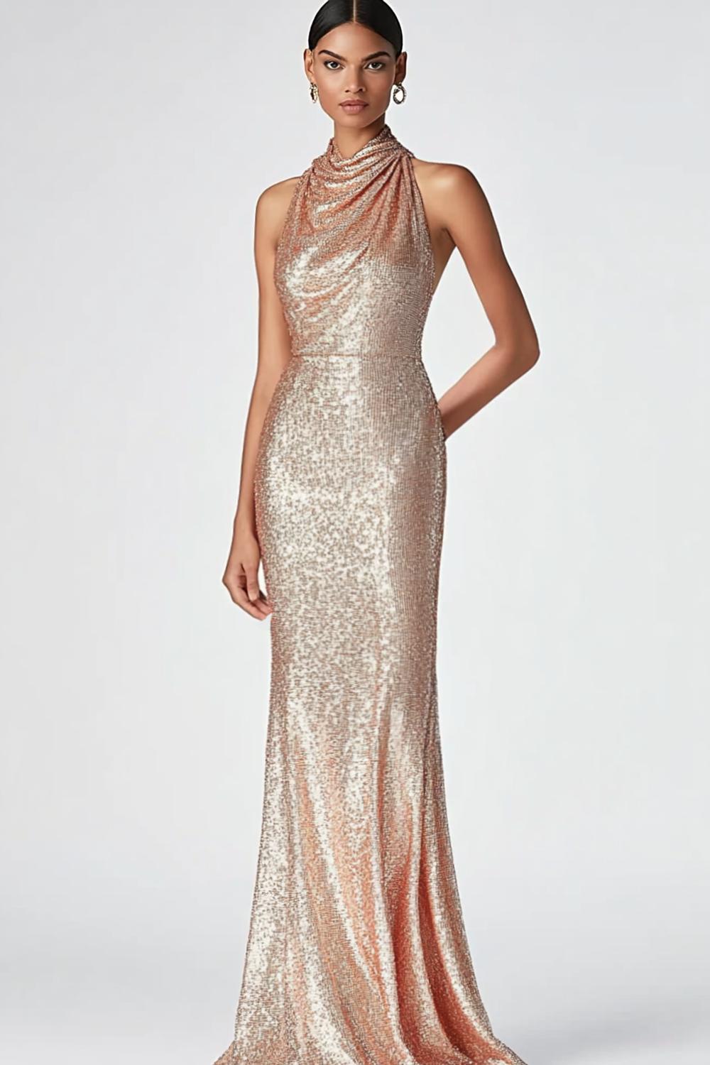 Dressystars Champagne Wedding Guest Dress Halter Mermaid Long Formal Dress