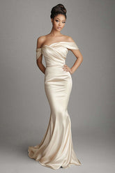 Dressystars Champagne Wedding Guest Dress Satin Sheath Long Formal Dress