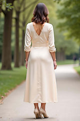 Dressystars Champagne Wedding Guest Dress V-Neck A Line Formal Dress With Long Sleeves