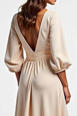 Dressystars Champagne Wedding Guest Dress V-Neck A Line Ruched Long Formal Dress