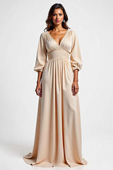Dressystars Champagne Wedding Guest Dress V-Neck A Line Ruched Long Formal Dress