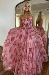 Dressystars Charming A-Line Pink Strapless Long Print Tulle Prom Party Dress Formal Evening Gown