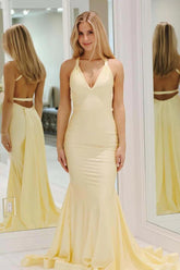 Dressystars Charming Mermaid Deep V Neck Yellow Long Prom Dress With Backless Formal Evening Gown