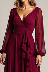 Dressystars Chiffon Long Burgundy Wedding Guest Dress Formal Dress With Ruffles