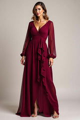 Dressystars Chiffon Long Burgundy Wedding Guest Dress Formal Dress With Ruffles