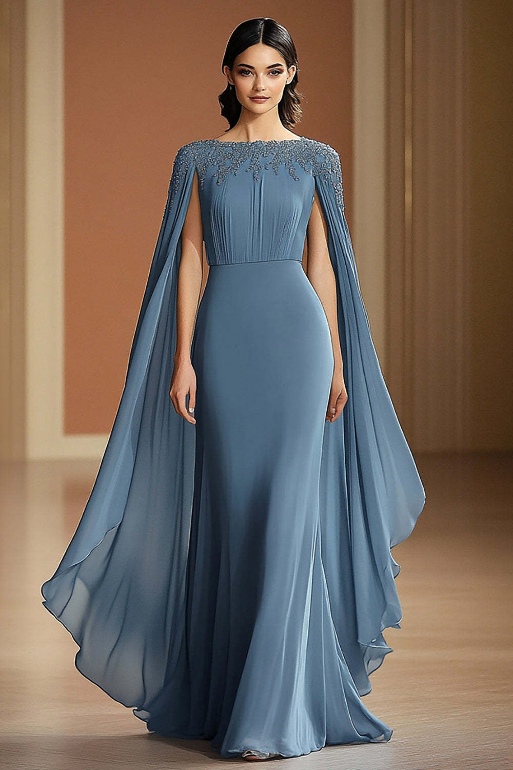 Dressystars Chiffon Long Grey Blue Wedding Guest Dress Sheath Formal Dress With Shawl