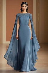 Dressystars Chiffon Long Grey Blue Wedding Guest Dress Sheath Formal Dress With Shawl