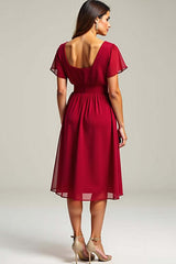 Dressystars Chiffon Red Wedding Guest Dress V-Neck Knee Length Formal Dress With Short Sleeves