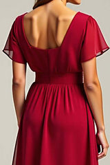 Dressystars Chiffon Red Wedding Guest Dress V-Neck Knee Length Formal Dress With Short Sleeves
