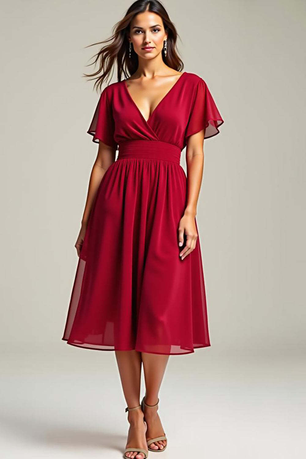 Dressystars Chiffon Red Wedding Guest Dress V-Neck Knee Length Formal Dress With Short Sleeves