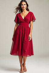 Dressystars Chiffon Red Wedding Guest Dress V-Neck Knee Length Formal Dress With Short Sleeves