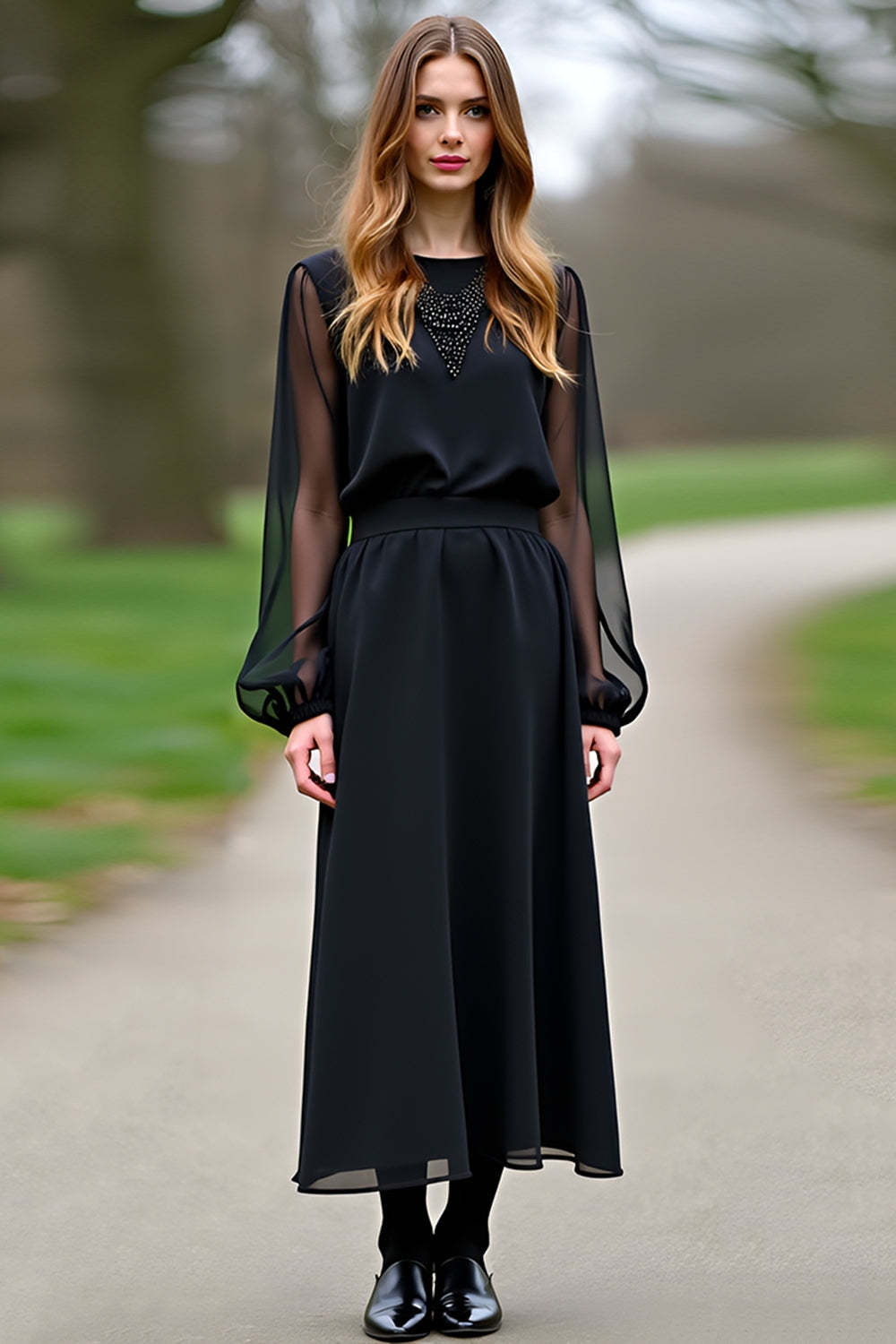 Dressystars Chiffon Sleeves A Line Black Wedding Guest Dress Formal Dress