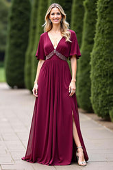 Dressystars Chiffon V-Neck Burgundy Wedding Guest Dress Formal Dress With Beading