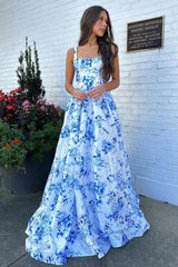 Dressystars Classic Blue Floral A-Line Square Neck Backless Long Prom Gown Formal Evening Gown