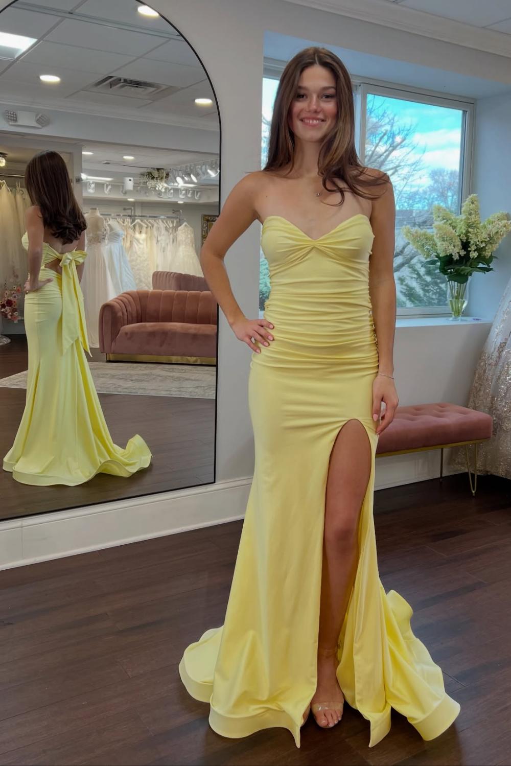 Dressystars Classic Mermaid Sweetheart Yellow Long Prom Dress With Split Front Open Back Formal Evening Gown