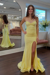 Dressystars Classic Mermaid Sweetheart Yellow Long Prom Dress With Split Front Open Back Formal Evening Gown