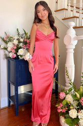 Dressystars Classic Sheath Spaghetti Straps Candy Pink Long Prom Dress With Ruched Formal Evening Gown