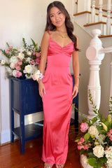 Dressystars Classic Sheath Spaghetti Straps Candy Pink Long Prom Dress With Ruched Formal Evening Gown