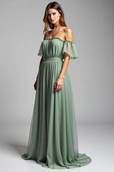 Dressystars Cold Shoulder A Line Dusty Sage Wedding Guest Dress Long Formal Dress