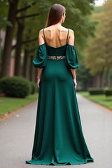 Dressystars Cold Shoulder Satin Dark Green Wedding Guest Dress Long Formal Dress