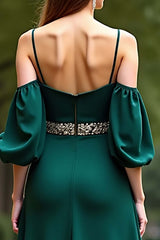 Dressystars Cold Shoulder Satin Dark Green Wedding Guest Dress Long Formal Dress