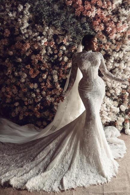 Dressystars Column Lace High Neck Sleeve White Wedding Dress Bridal Gown With Appliques Train