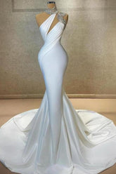 Dressystars Column Satin High Neck Sleeveless White Wedding Dress Prom Dress With Ruffles
