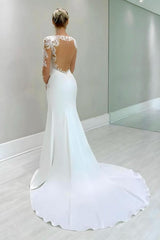 Dressystars Column Satin Lace Sleeve White Wedding Dress Bridal Gown With Appliques